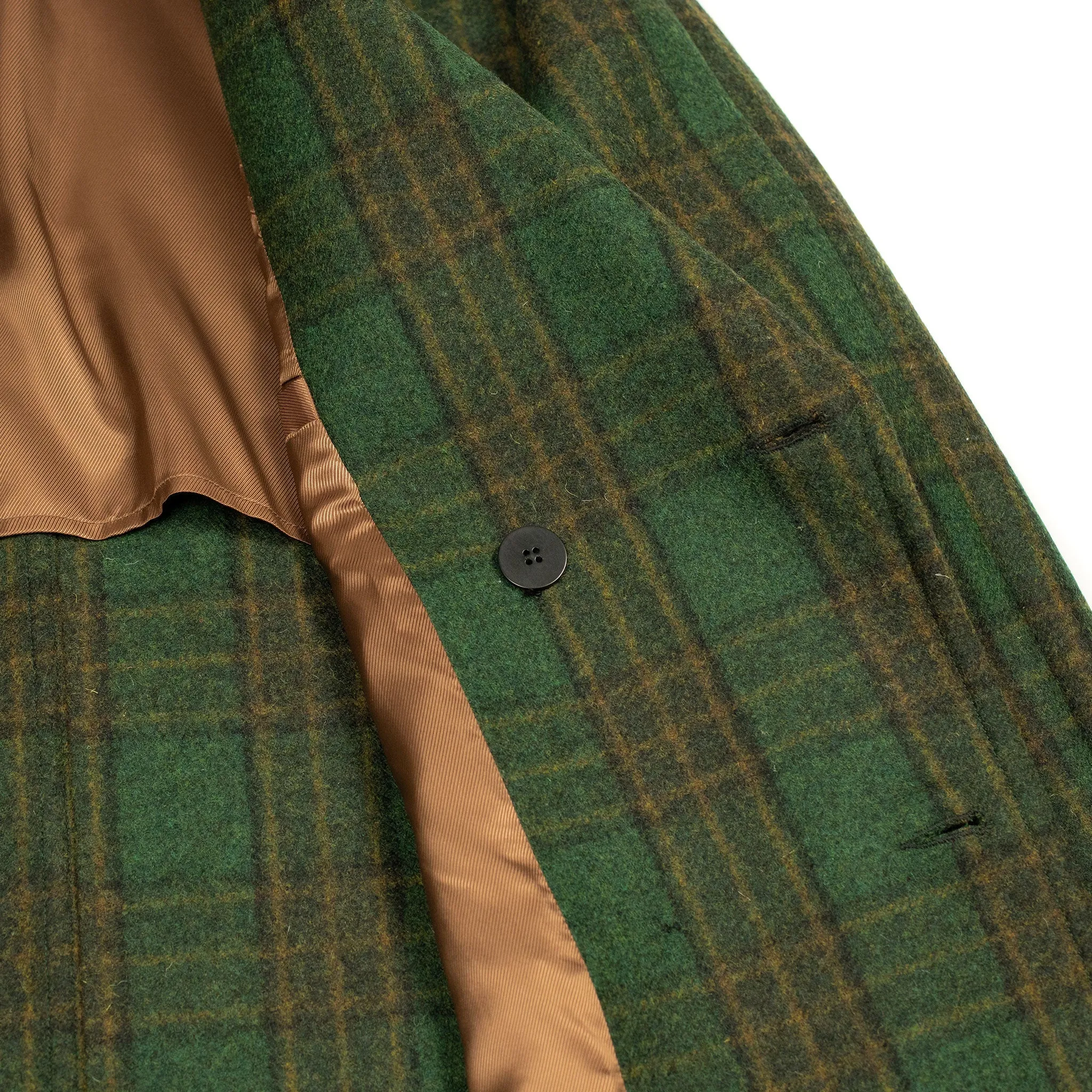 Aalbany double-breasted overcoat in forest green, ochre and black plaid wool