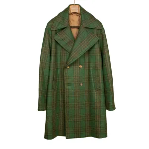 Aalbany double-breasted overcoat in forest green, ochre and black plaid wool