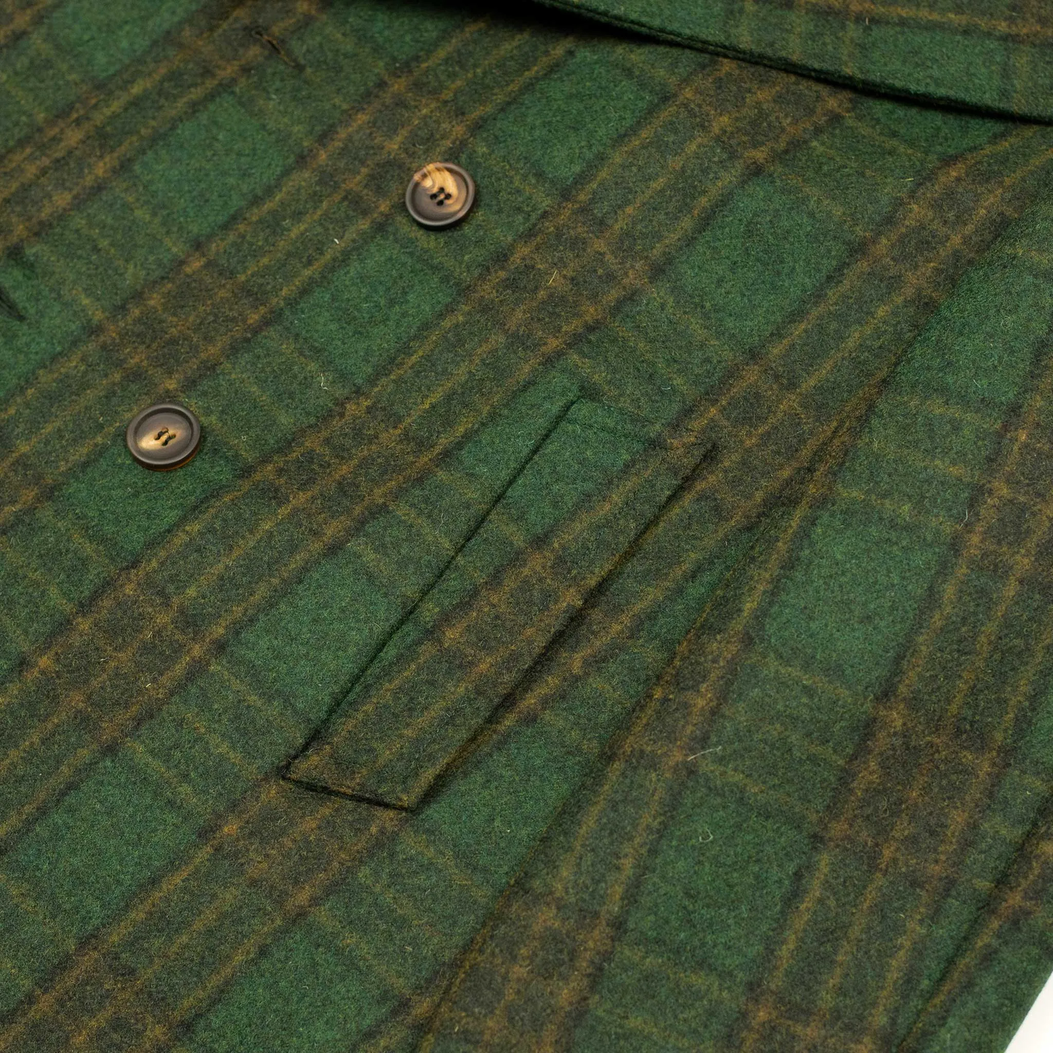 Aalbany double-breasted overcoat in forest green, ochre and black plaid wool