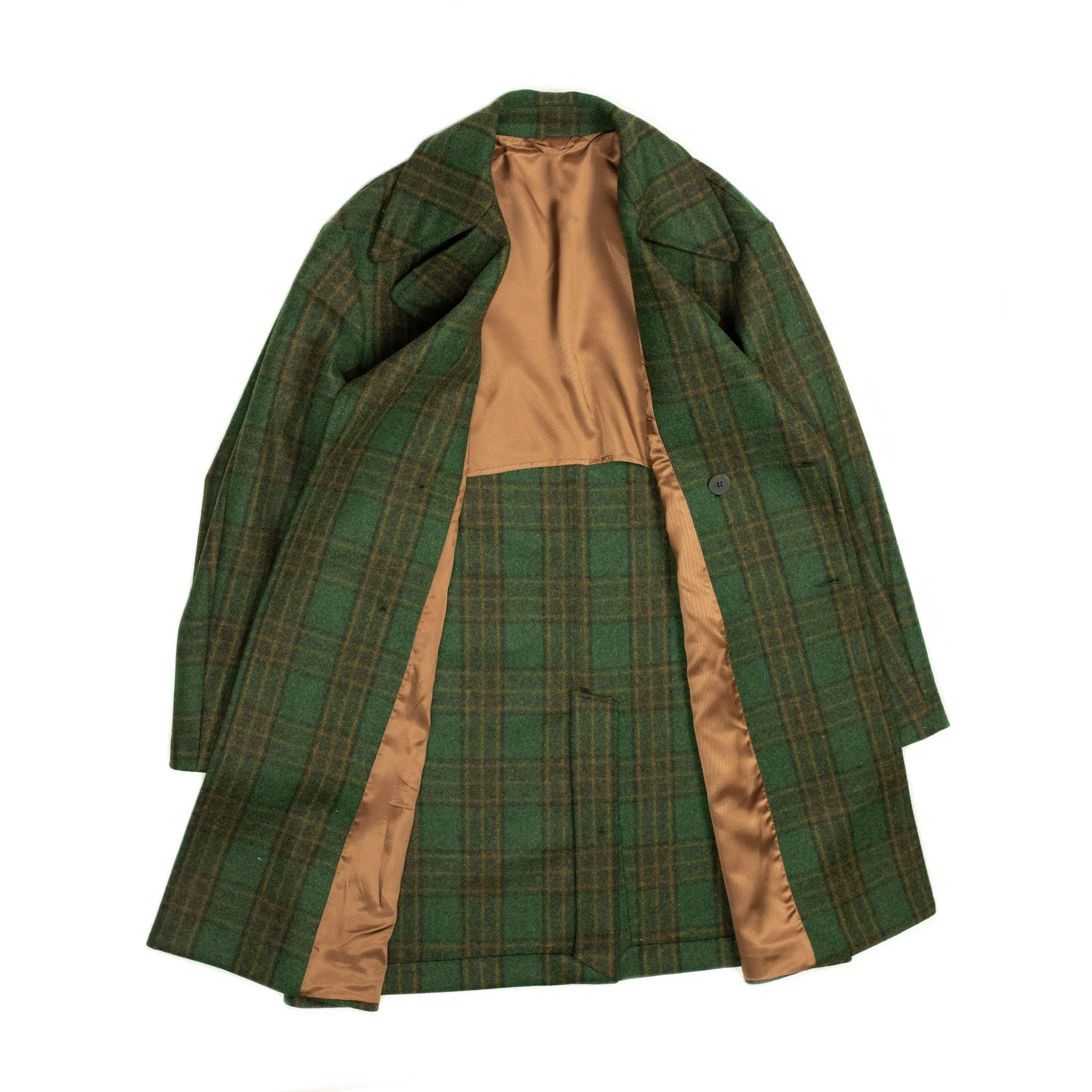 Aalbany double-breasted overcoat in forest green, ochre and black plaid wool