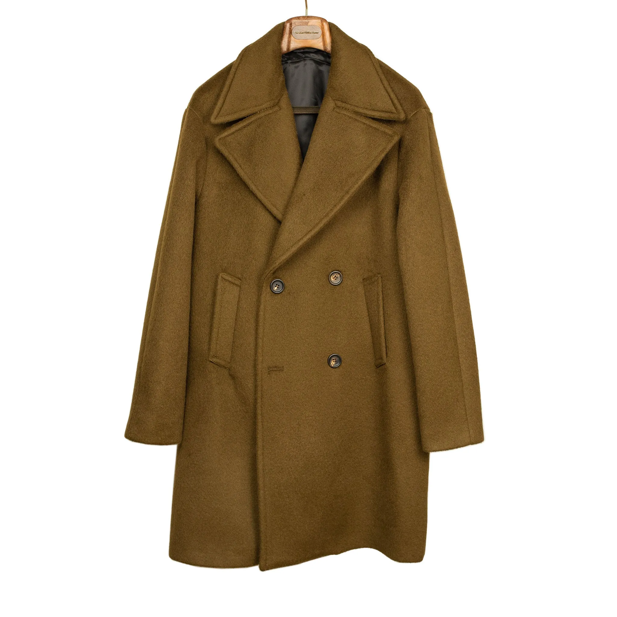 Aalbany double-breasted overcoat in olive brown mohair mix