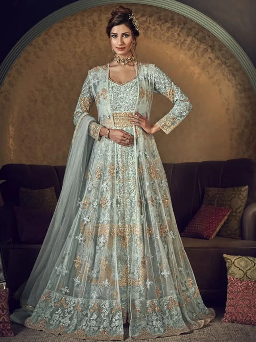 Aarzoo Pastel Blue Butterfly Net Floor Length Anarkali Suit