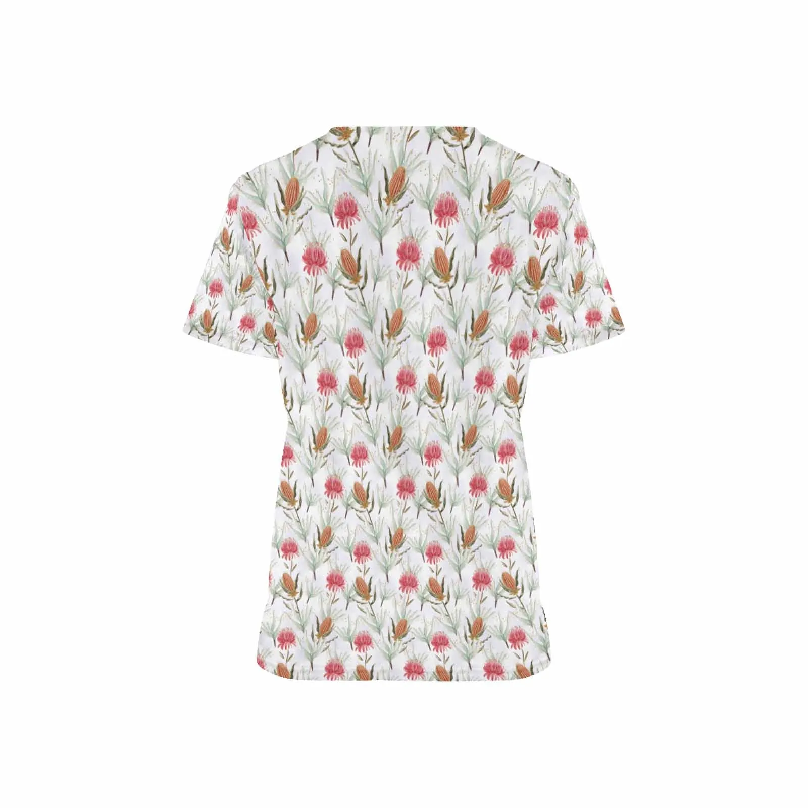 Australian Floral Protea Women's V Neck Scrub Top Nurse Uniform with Deep Front Pockets