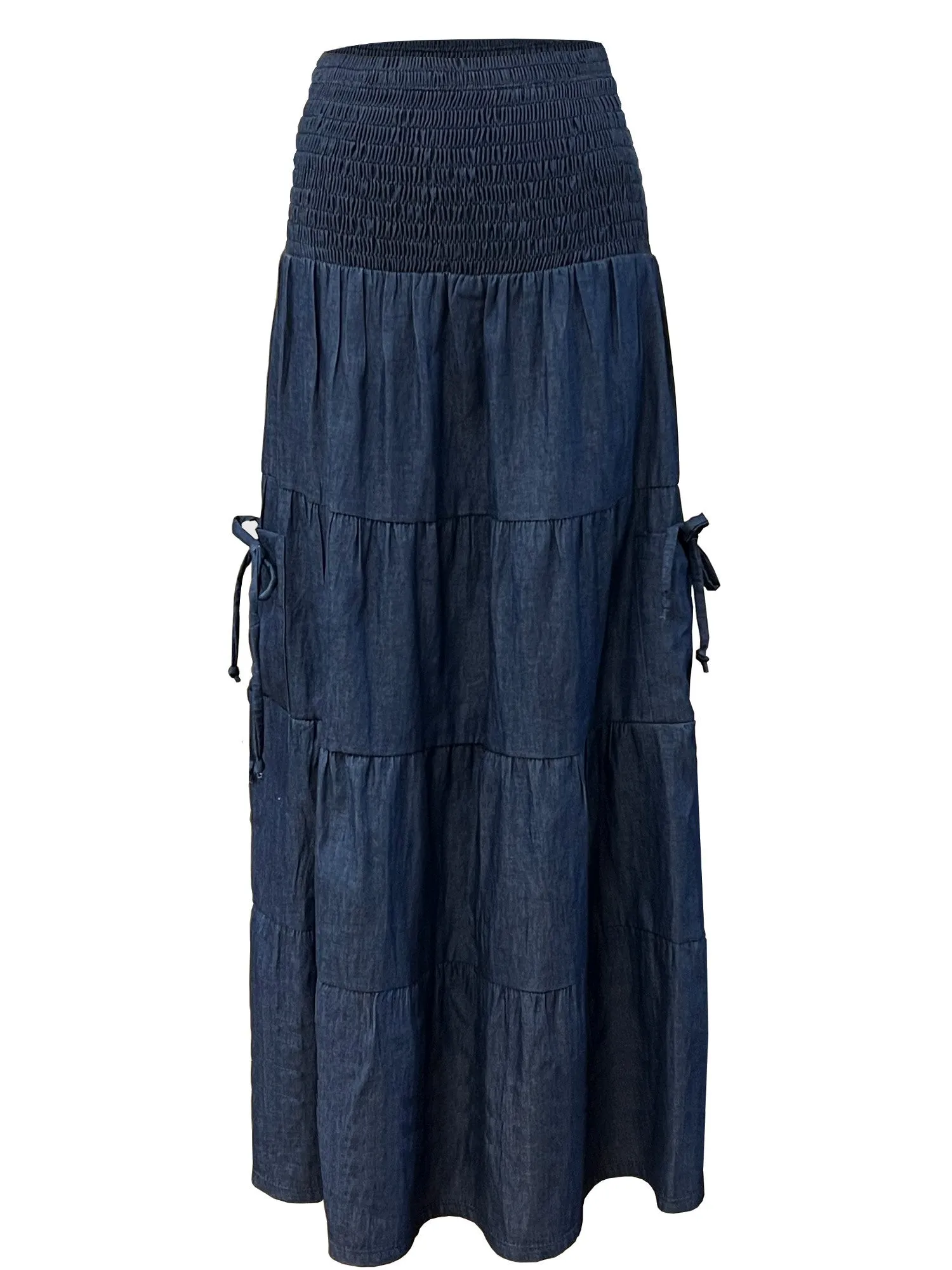 Baby'O Women's' Long Ankle Length Summer Weight Cargo Pocket Denim Tiered Prairie Skirt