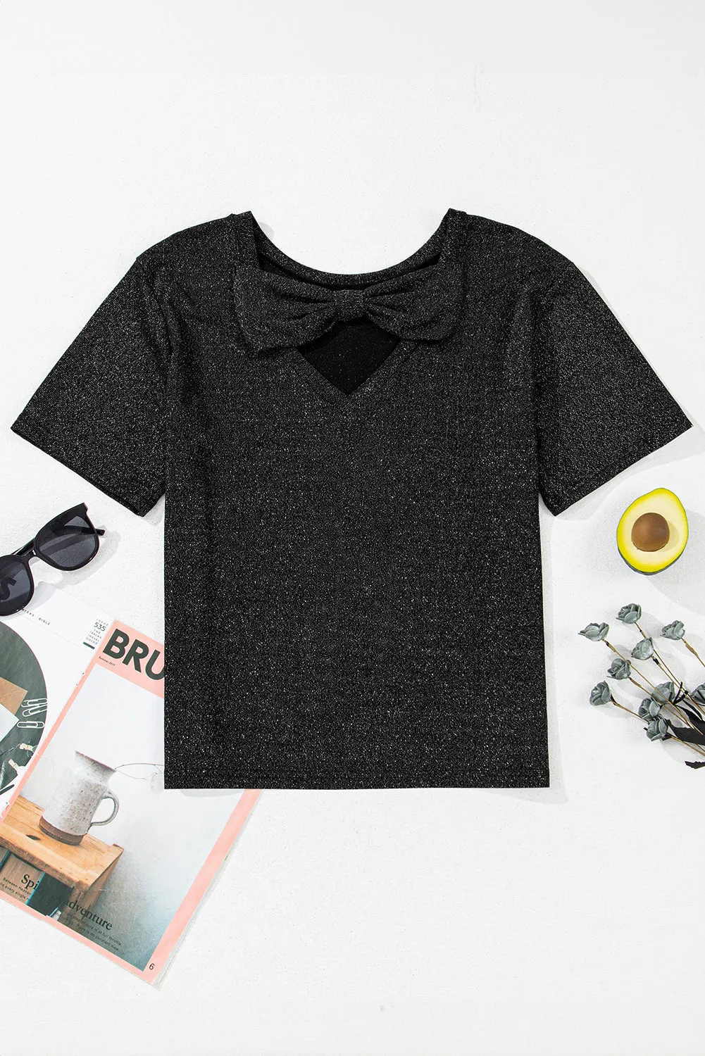 Black Bow Decor Glittery Short Sleeve Top