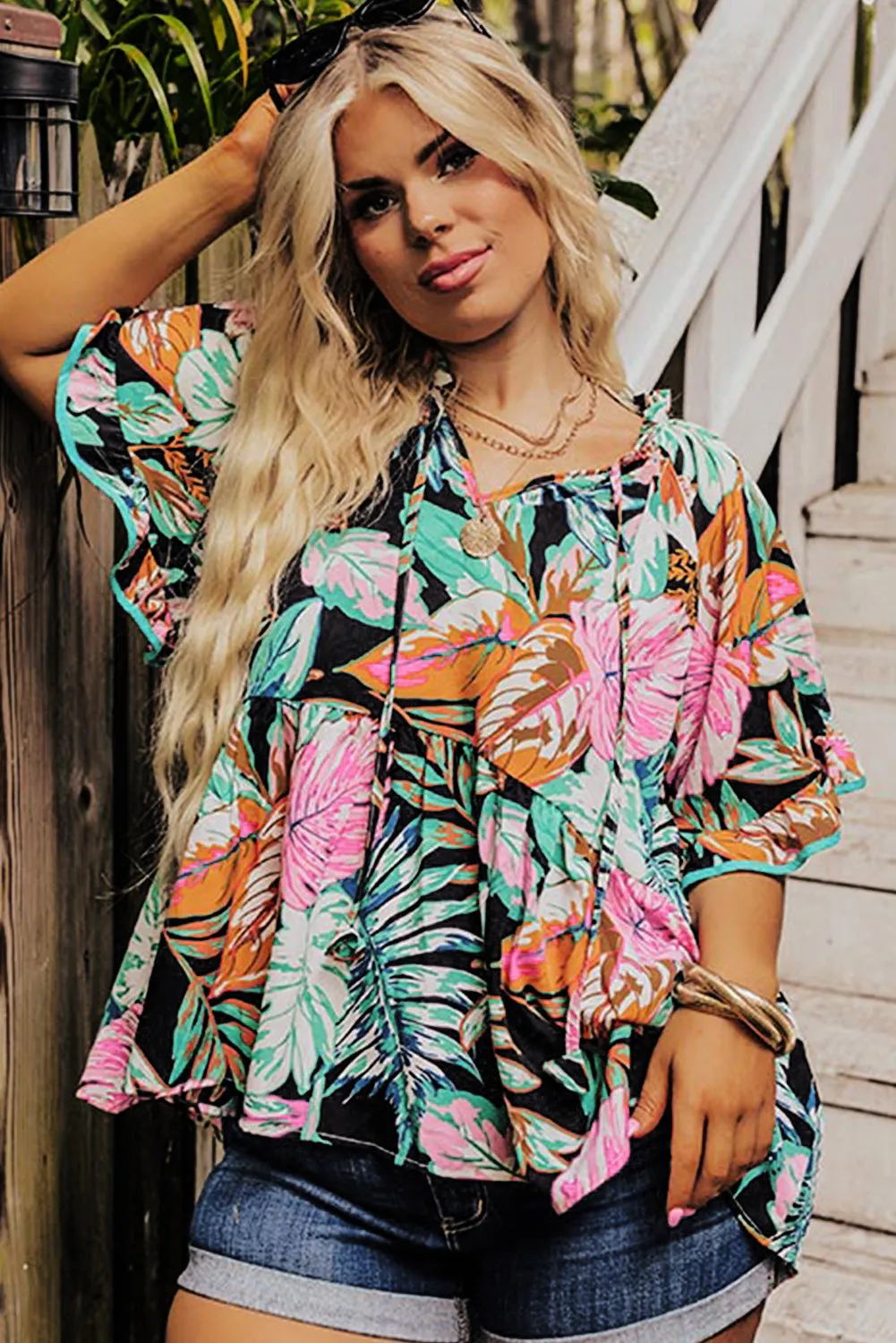 Black Plus Tropical Print Ruffled Sleeve Flowy Blouse