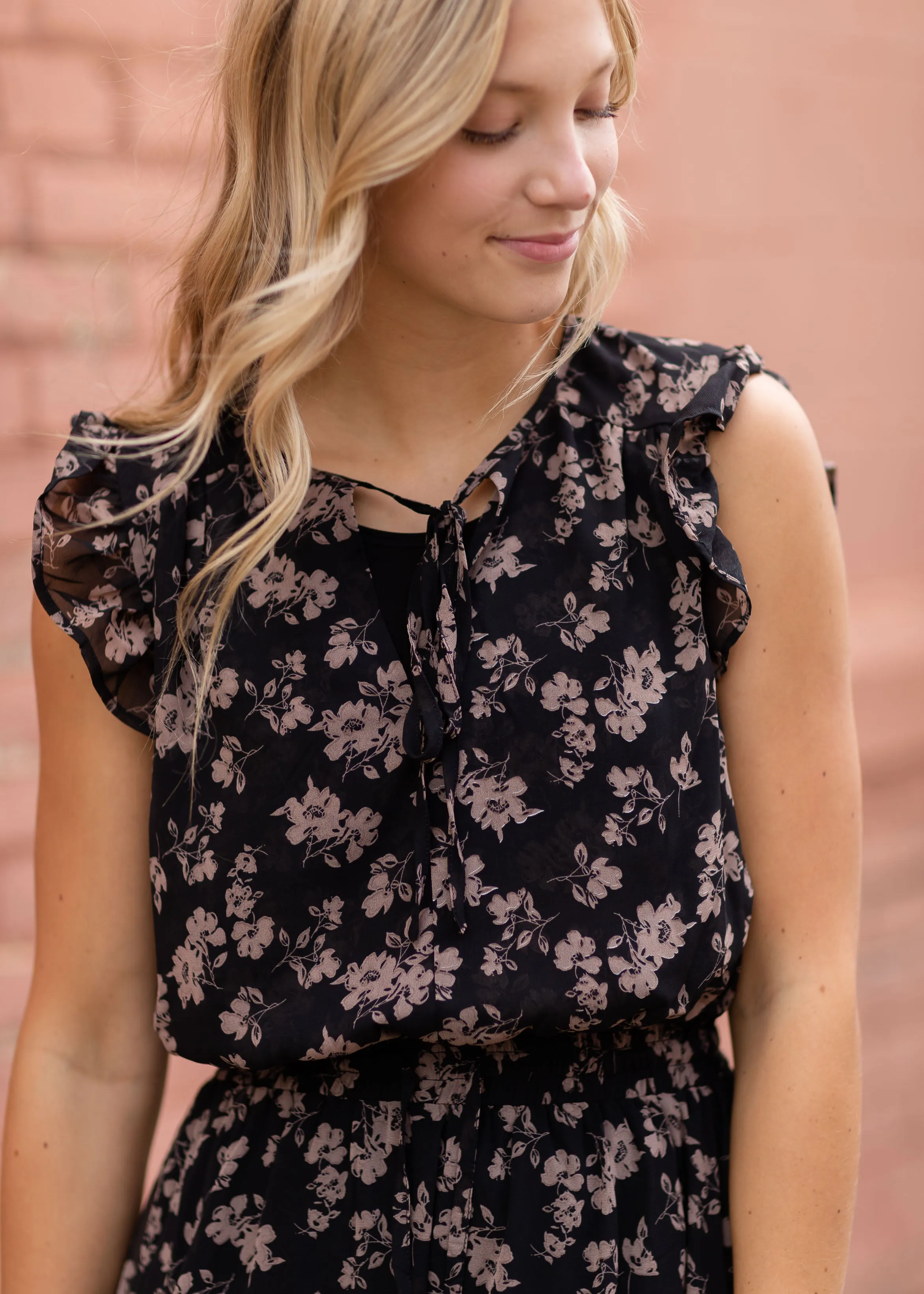 Black Ruffle Floral Midi Dress