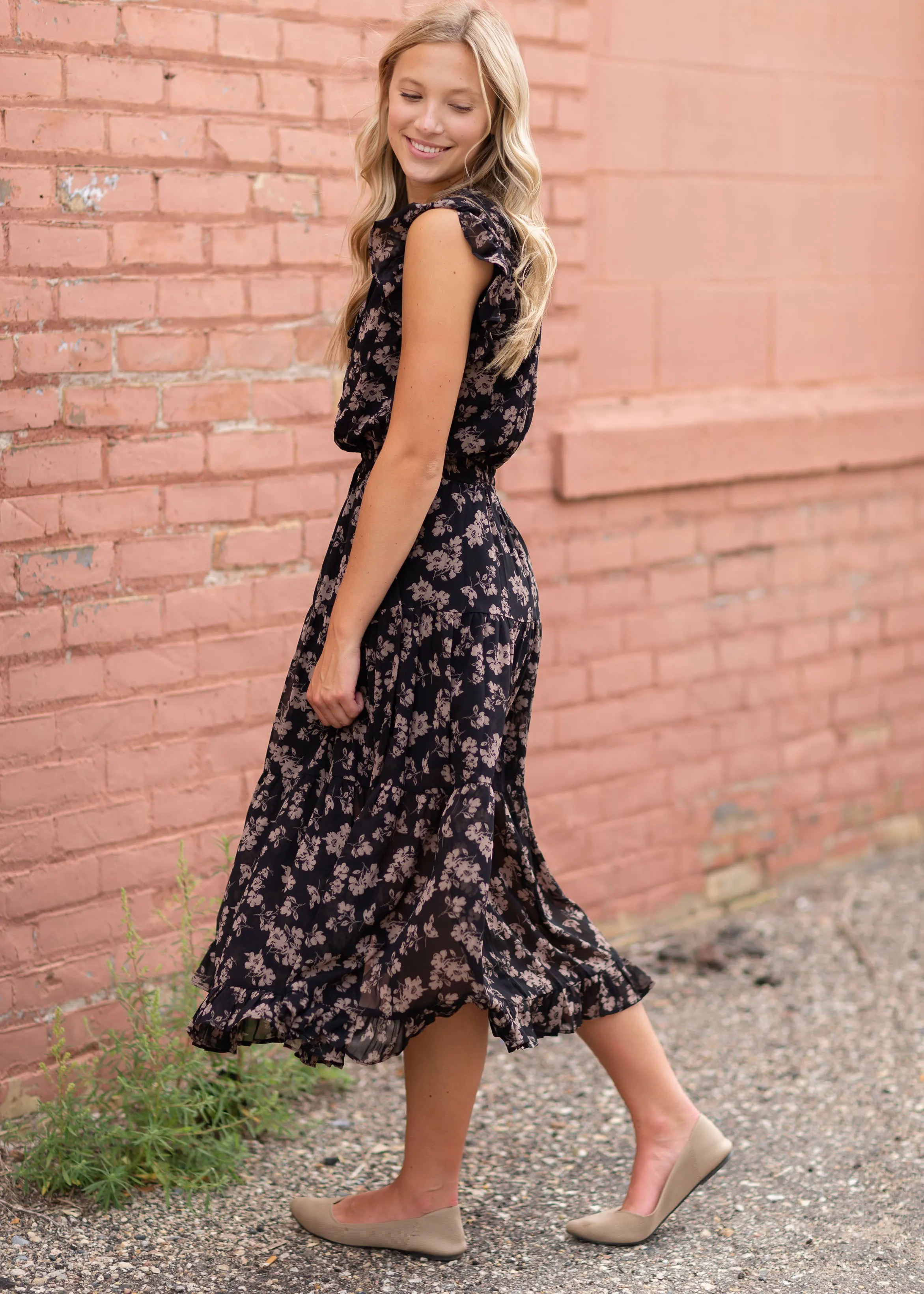 Black Ruffle Floral Midi Dress