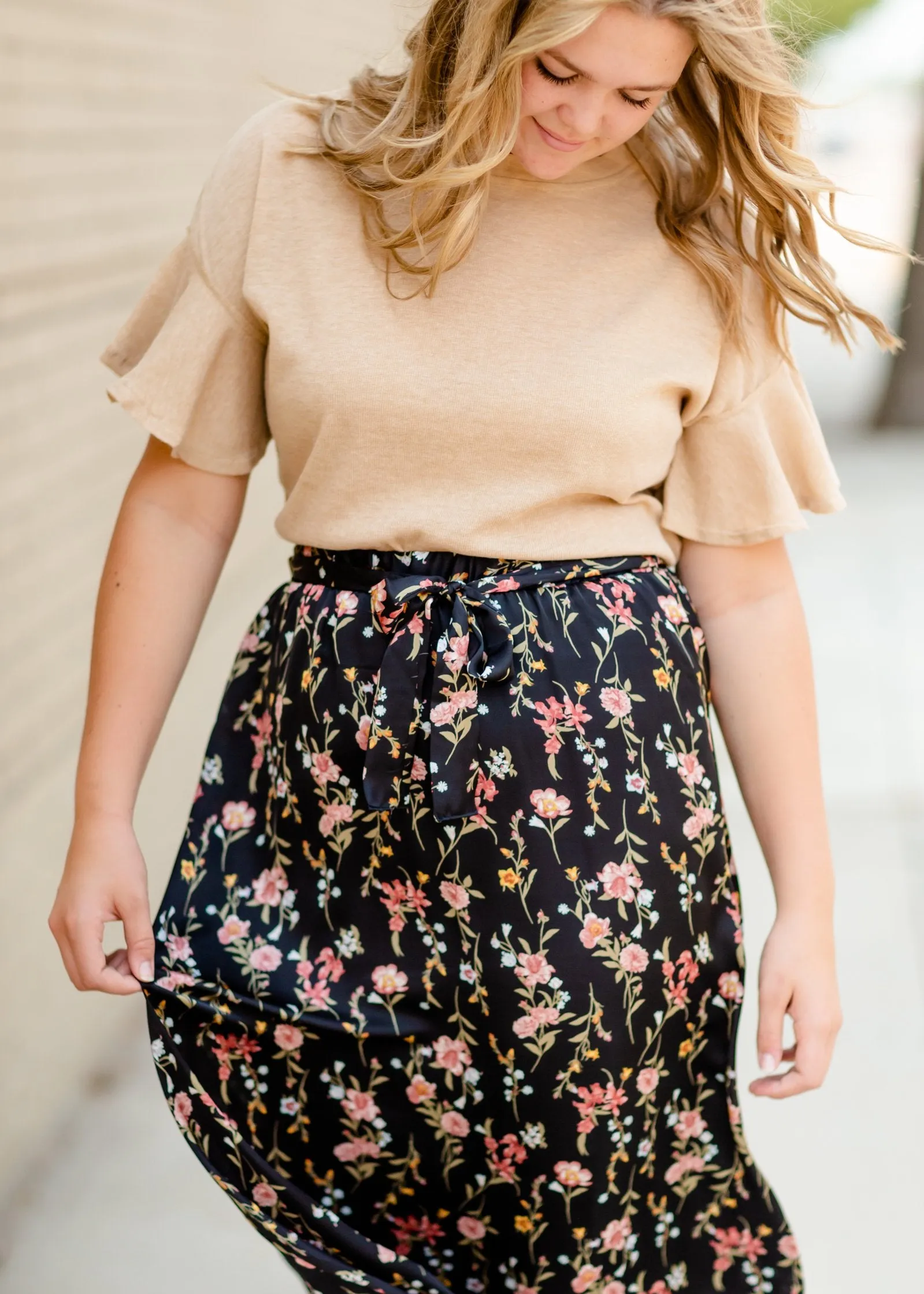 Black Satin Floral Midi Skirt - FINAL SALE