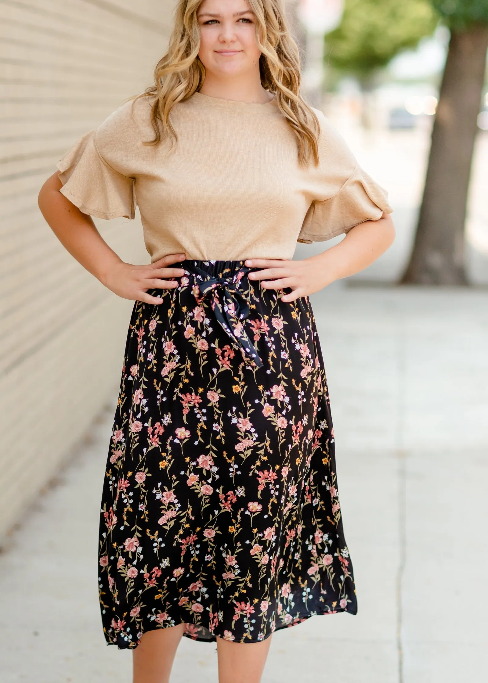 Black Satin Floral Midi Skirt - FINAL SALE