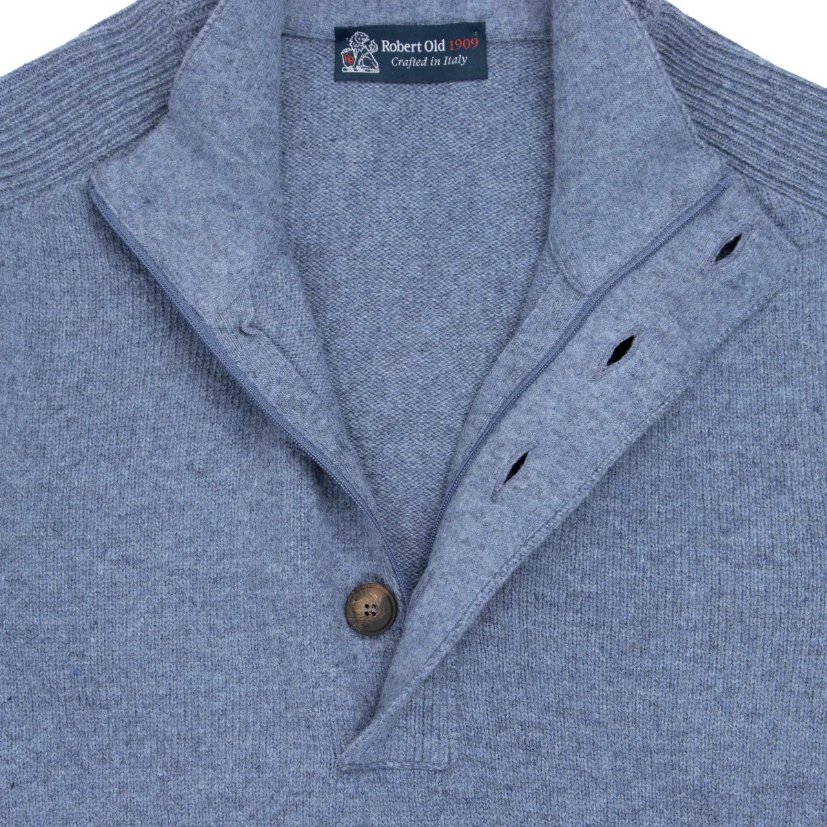 Blue Melange Buttoned Zip-Neck Wool Jumper