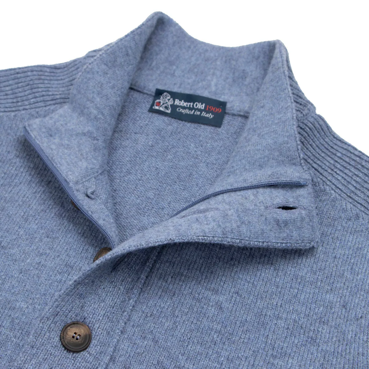 Blue Melange Buttoned Zip-Neck Wool Jumper