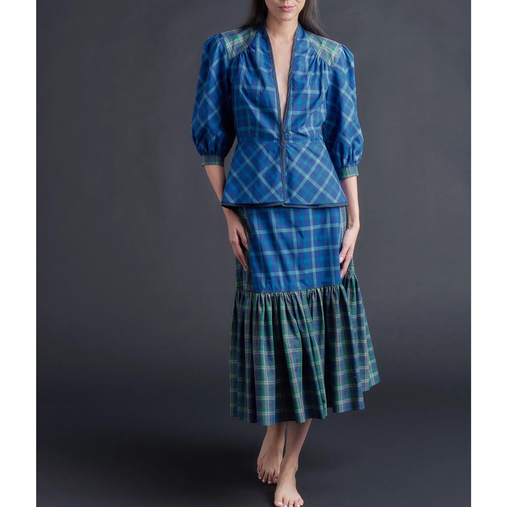 Brigitte Ruffle Skirt in Italian Cotton Blue Green Plaid