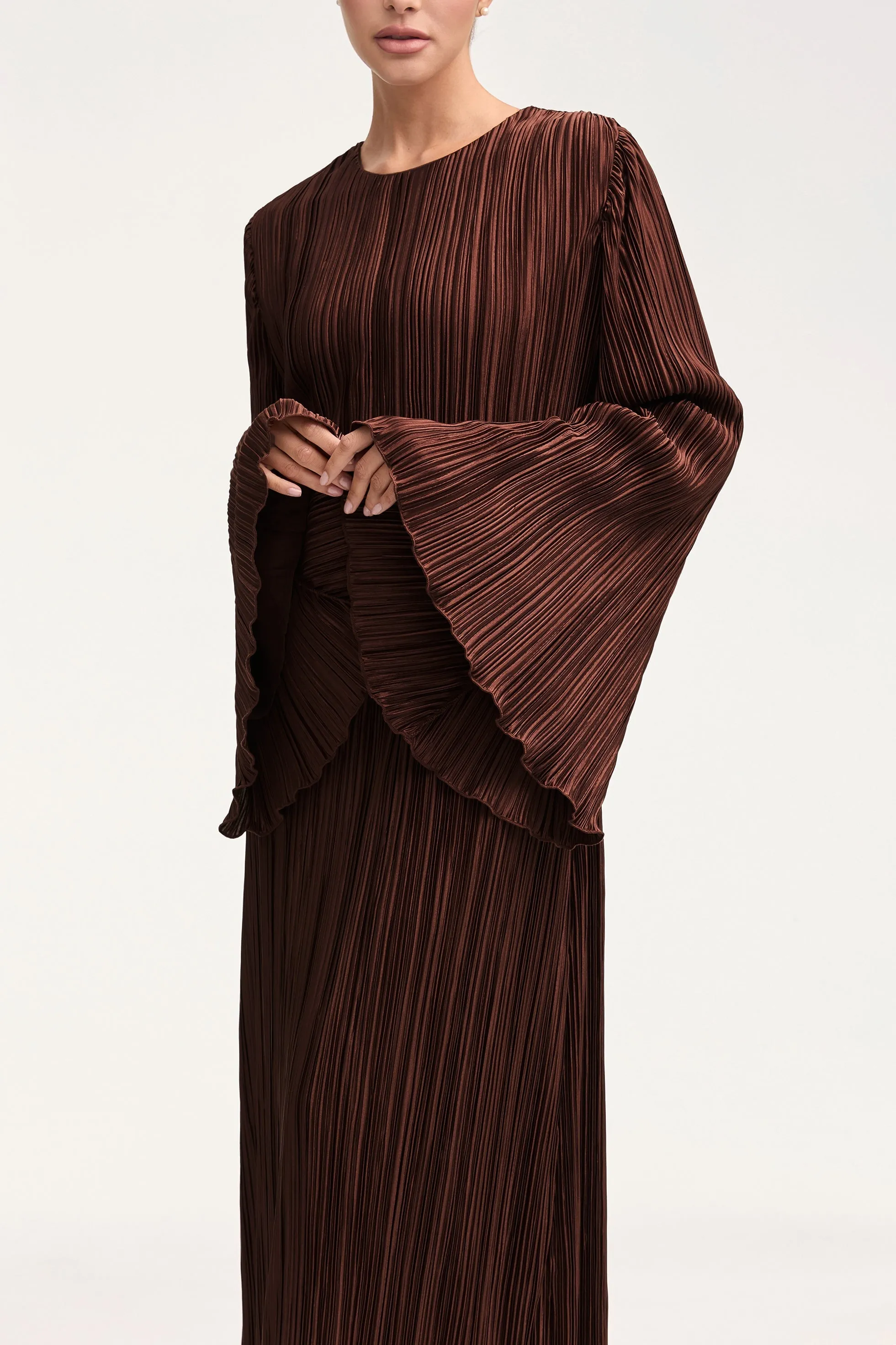 Camille Satin Plisse Maxi Dress - Chocolate Brown