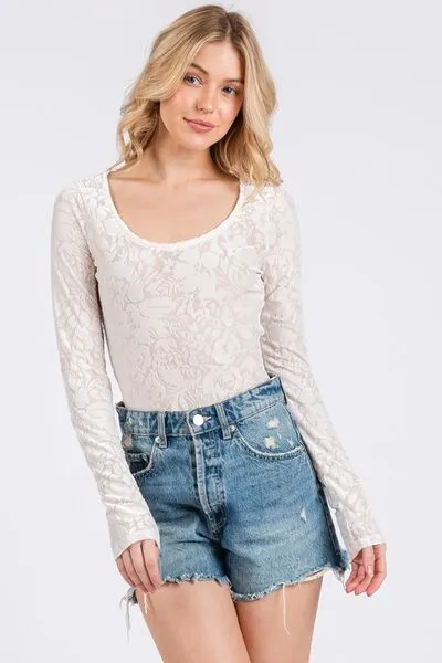 Ces Femme Velvet Floral Long Sleeve Bodysuit