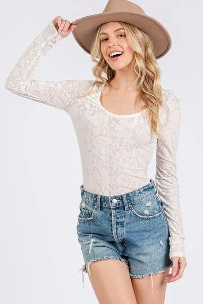 Ces Femme Velvet Floral Long Sleeve Bodysuit