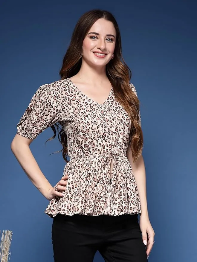 Chic Printed Puff Sleeve V-Neck Top