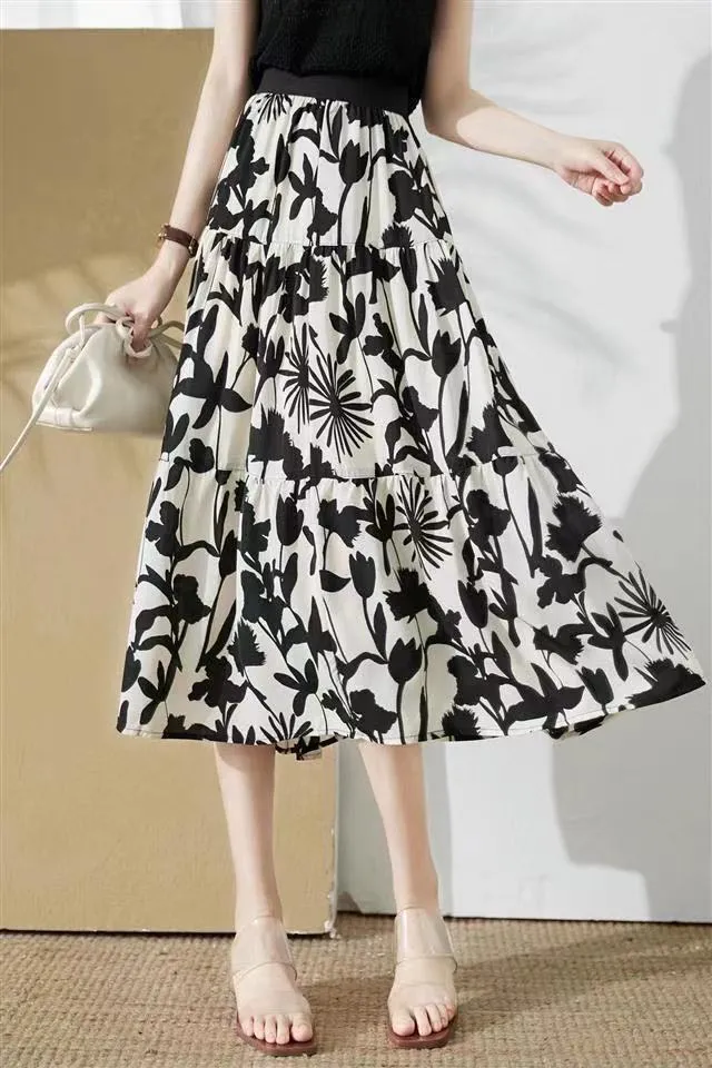 Chiffon Drape A-Line High Waist Skirt Mid-Length Elegant Feminine Summer Petite All-Matching Skirt