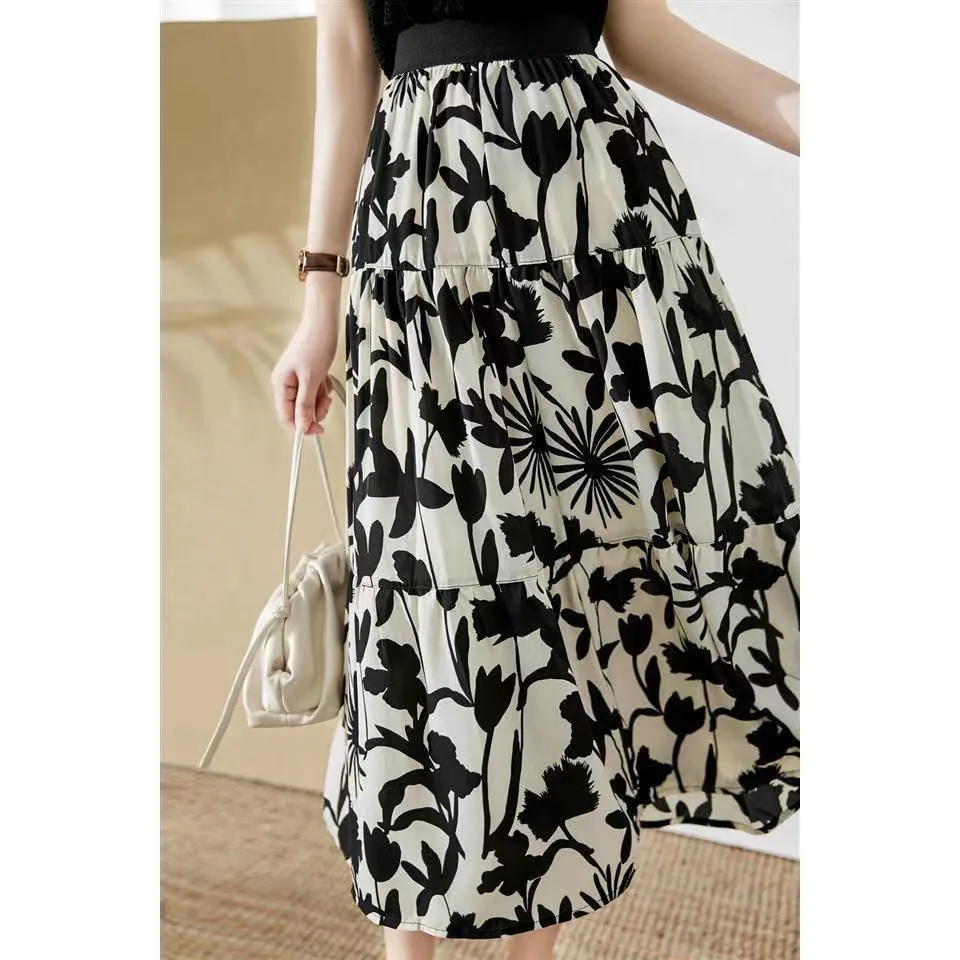 Chiffon Drape A-Line High Waist Skirt Mid-Length Elegant Feminine Summer Petite All-Matching Skirt