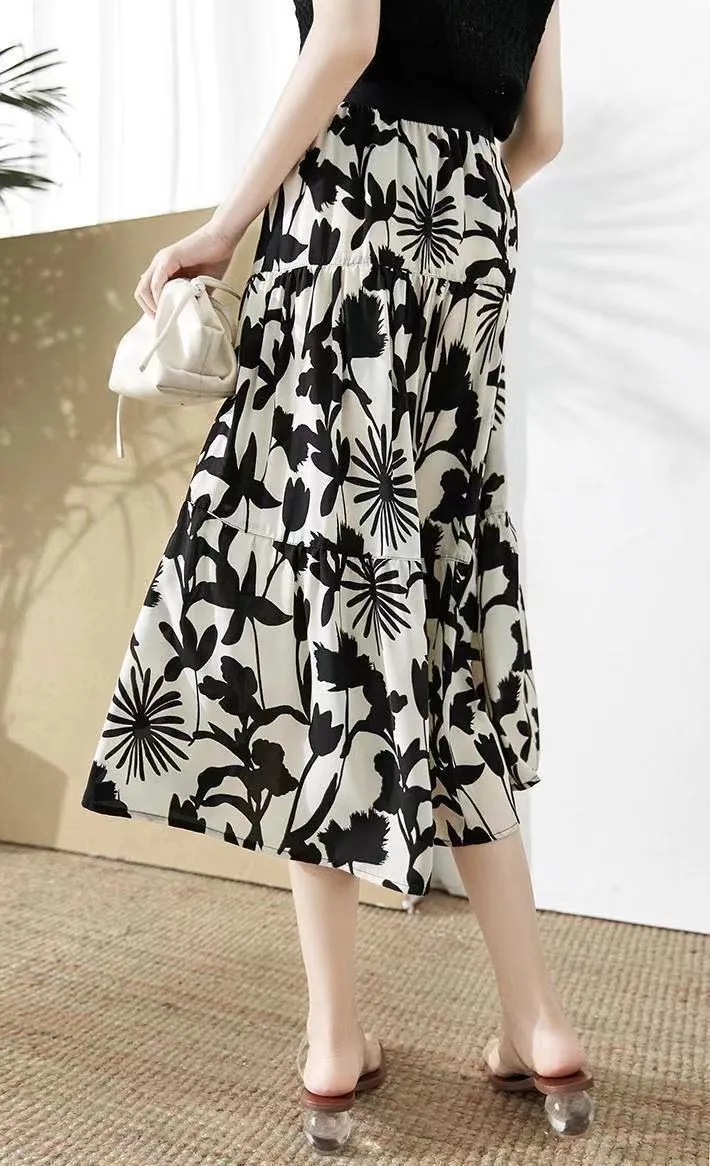 Chiffon Drape A-Line High Waist Skirt Mid-Length Elegant Feminine Summer Petite All-Matching Skirt