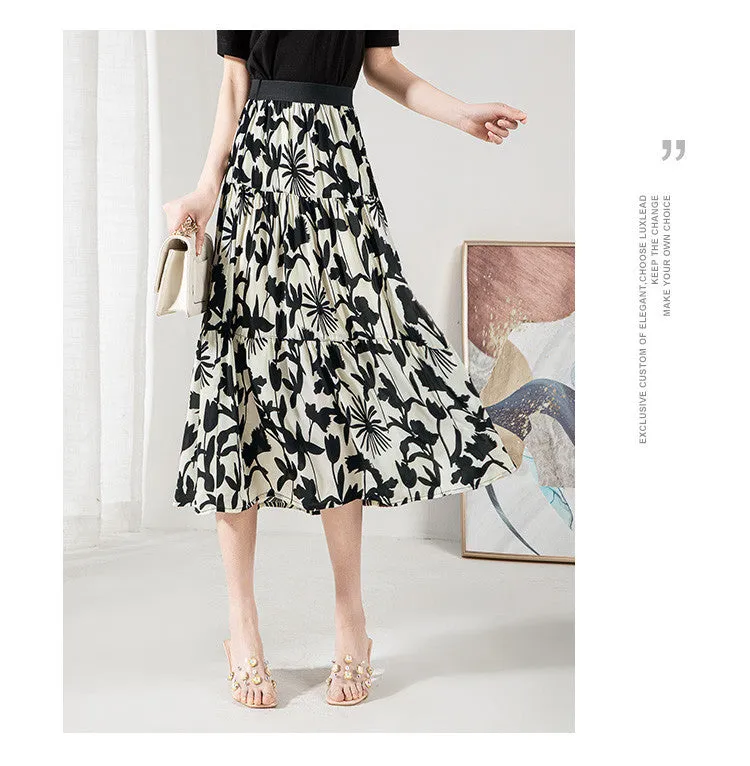 Chiffon Drape A-Line High Waist Skirt Mid-Length Elegant Feminine Summer Petite All-Matching Skirt