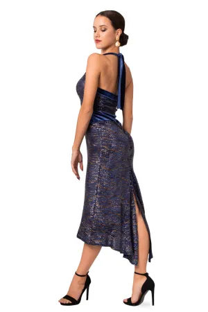 Dark Blue Paillette Halter-Neck Tie Fishtail Dress With Velvet Details