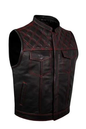 Dream Apparel Mens Naked Leather Motorcycle Club Vest Red Thread Zipper Front, Diamond Padding