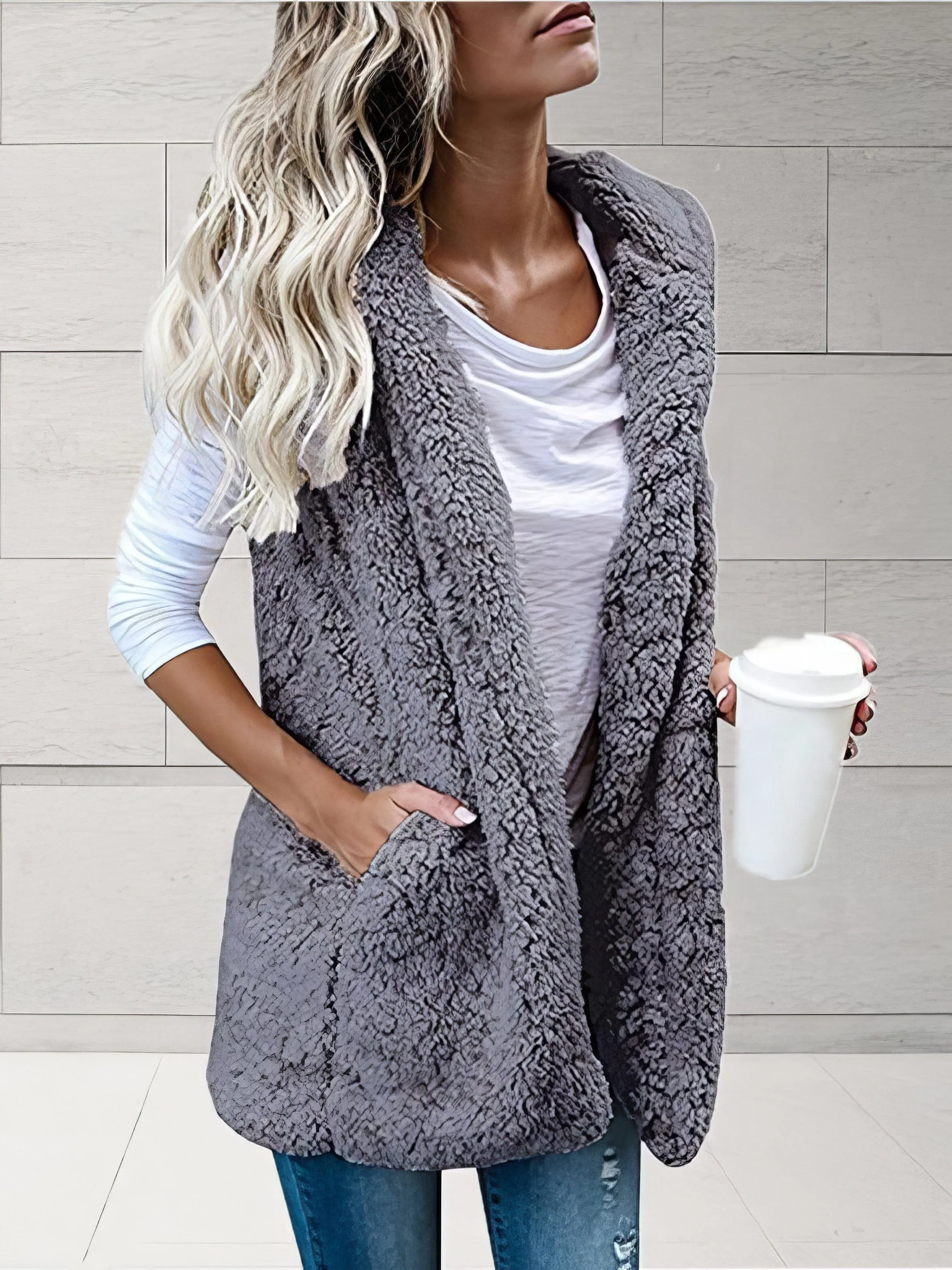 Hooded Sleeveless Pocket Fur Vest