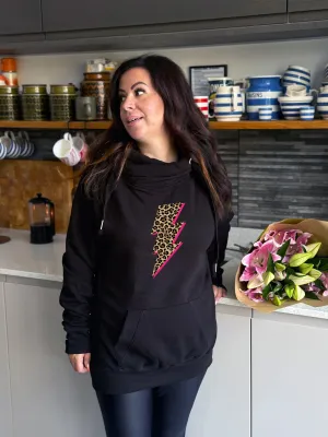 Hot Pink & Leopard Lightning Bolt Luxe Hoodie - Black