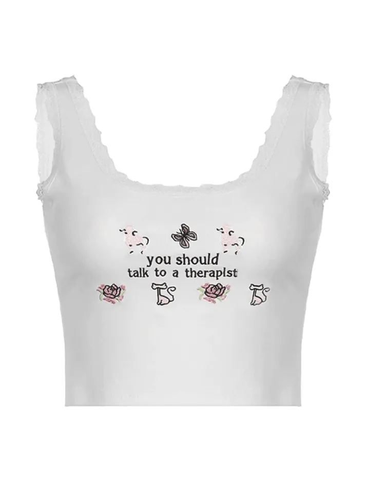 Lace Patch Embroidery Cropped Tank Top