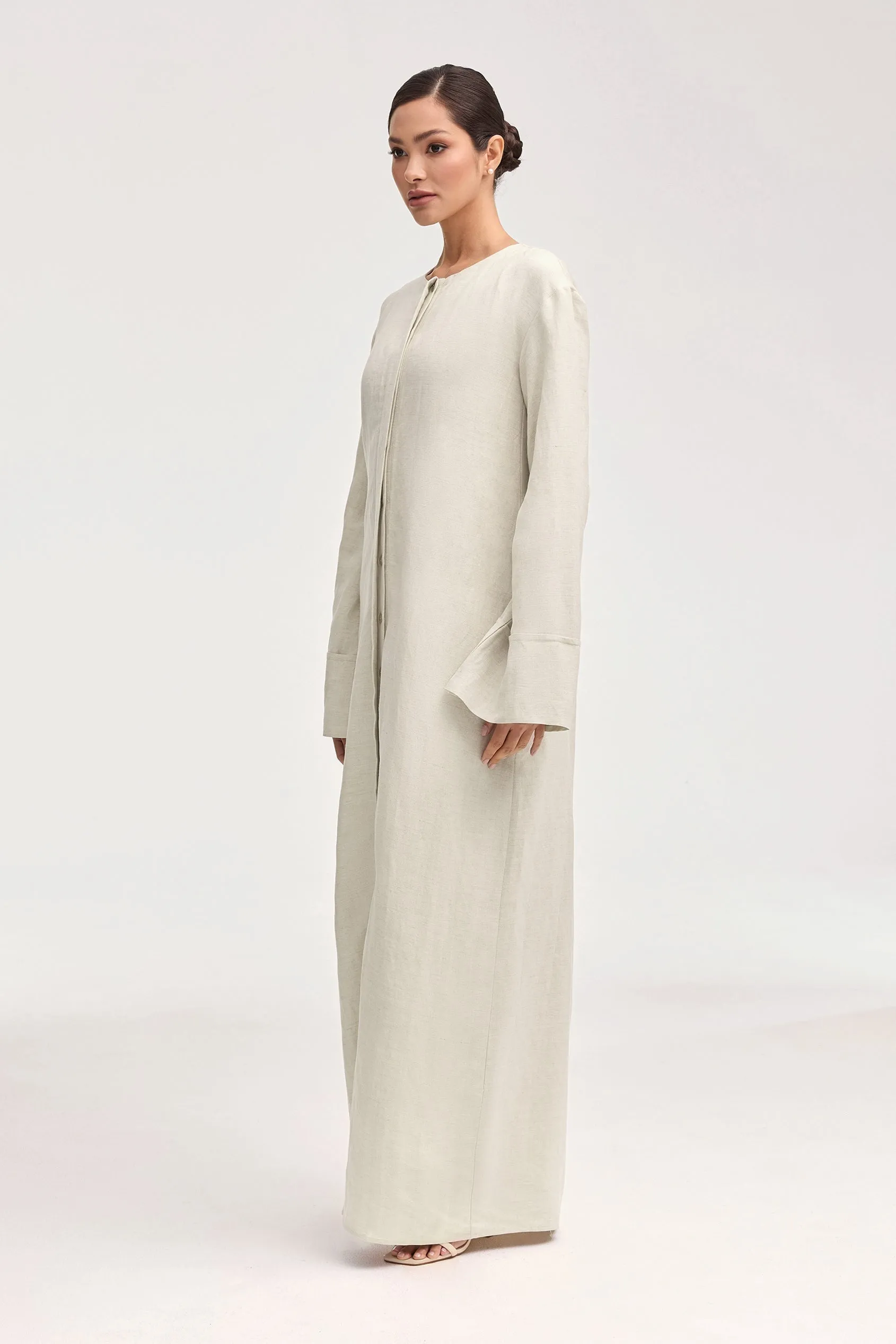 Elegant Oatmeal Linen Button-Down Maxi Dress for Women