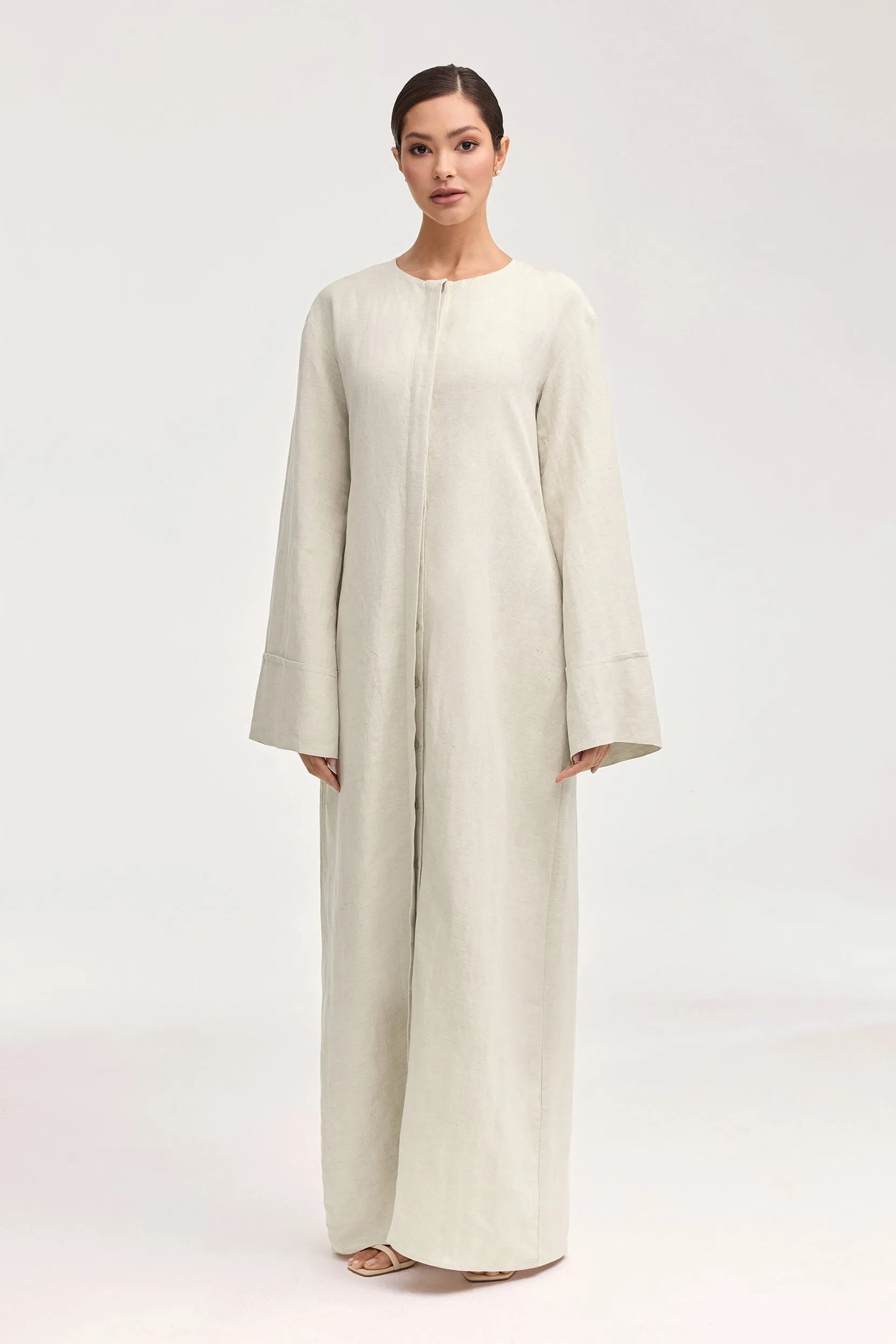 Elegant Oatmeal Linen Button-Down Maxi Dress for Women