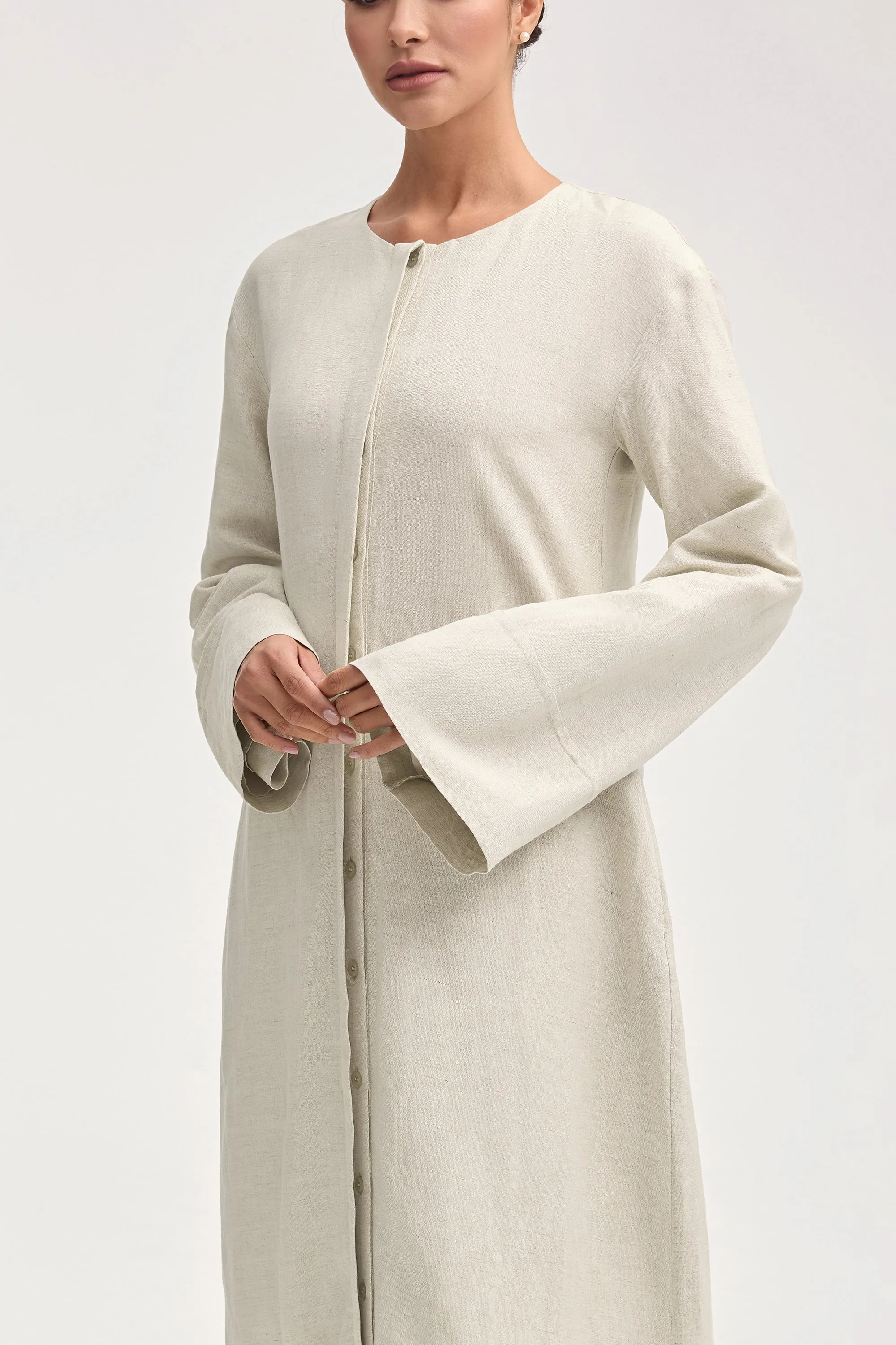 Elegant Oatmeal Linen Button-Down Maxi Dress for Women