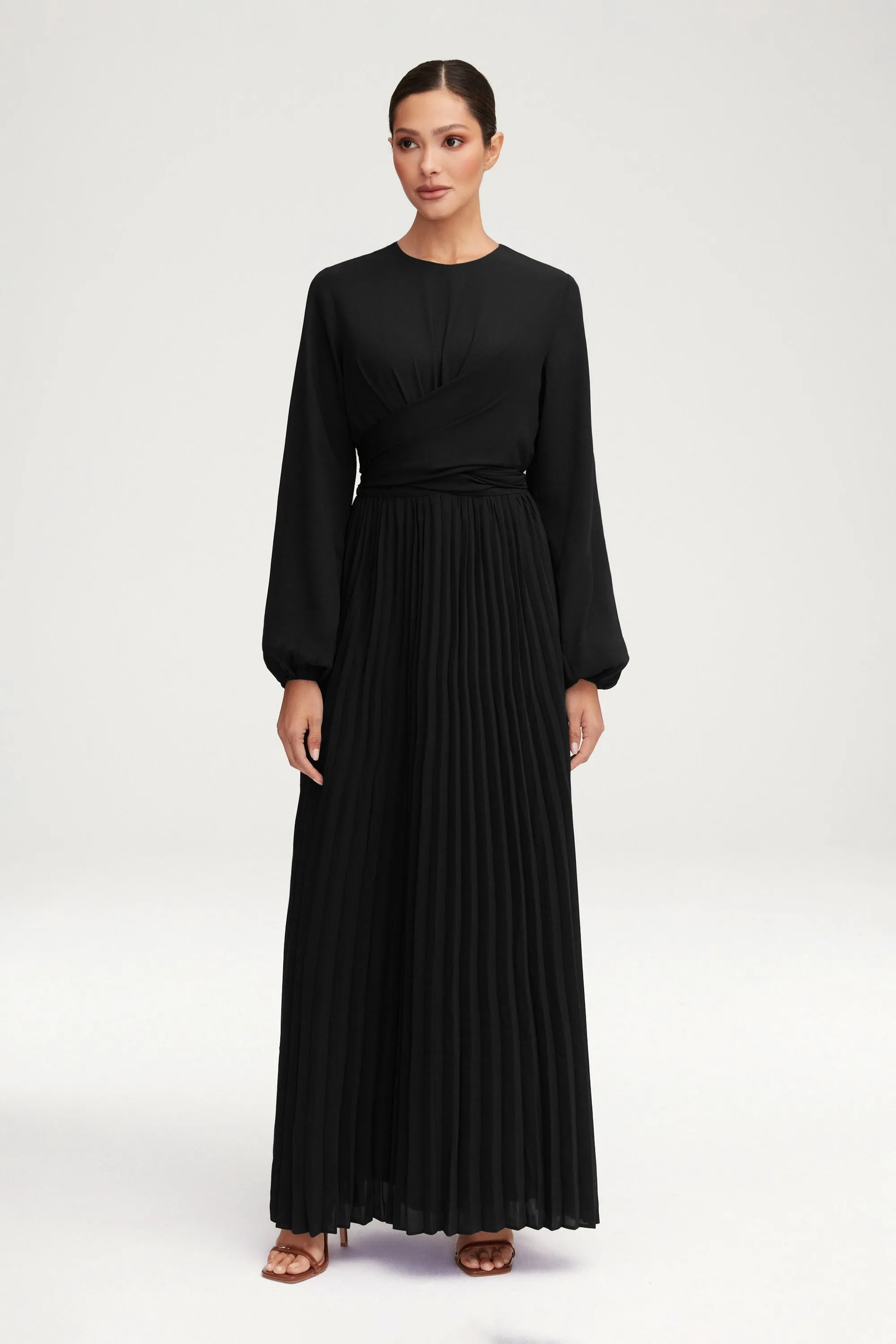 Layana Pleated Wrap Waist Maxi Dress - Black