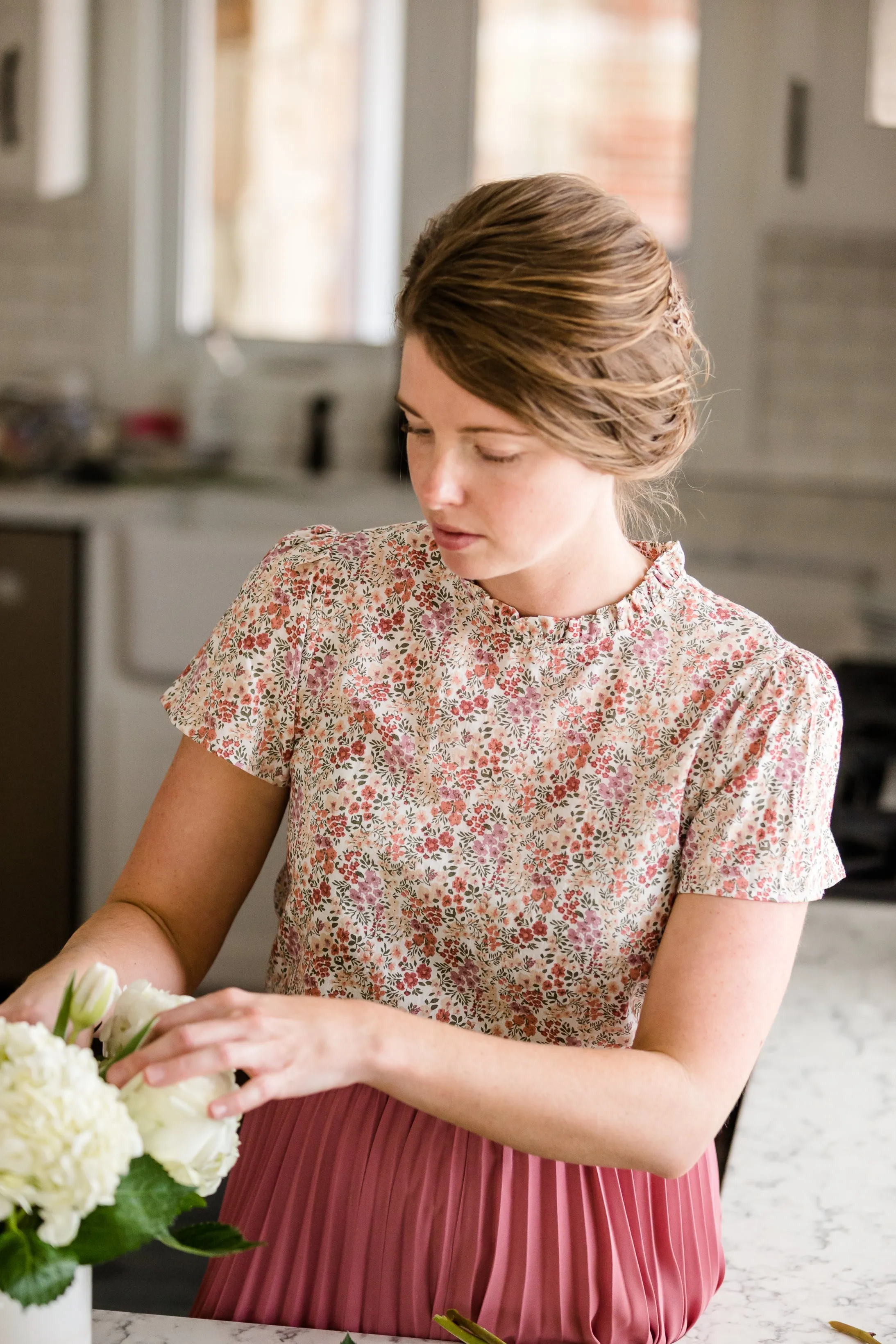 Lightweight Floral Ruffle Neck Blouse