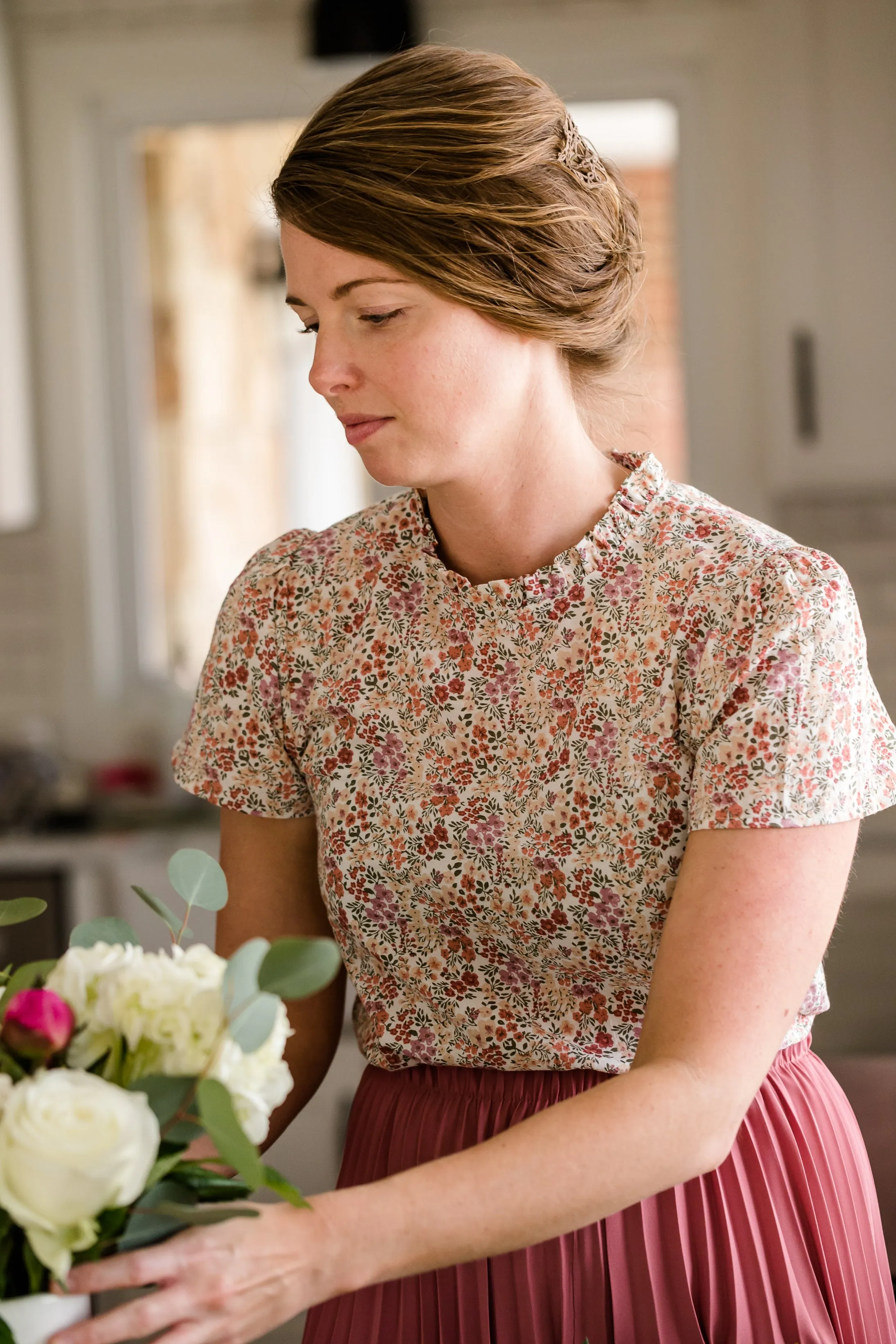 Lightweight Floral Ruffle Neck Blouse