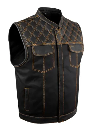 Mens Black Denim & Leather Motorcycle Club Vest Orange Thread Zipper Front, Diamond Padding