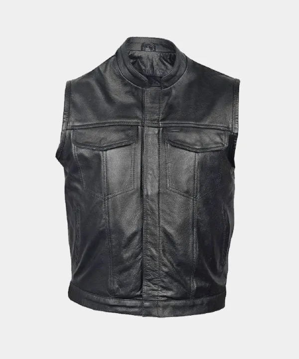 Men's Leather Club Style Vest with Concealed Gun Pockets