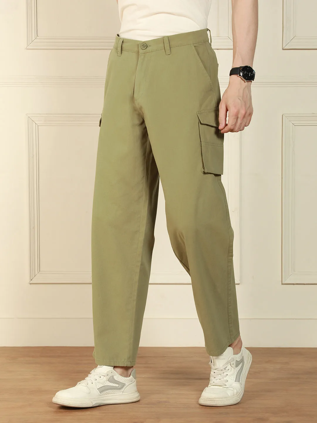 Men's light olive Relaxed Fit Solid Cotton Lycra Stretchable Trousers