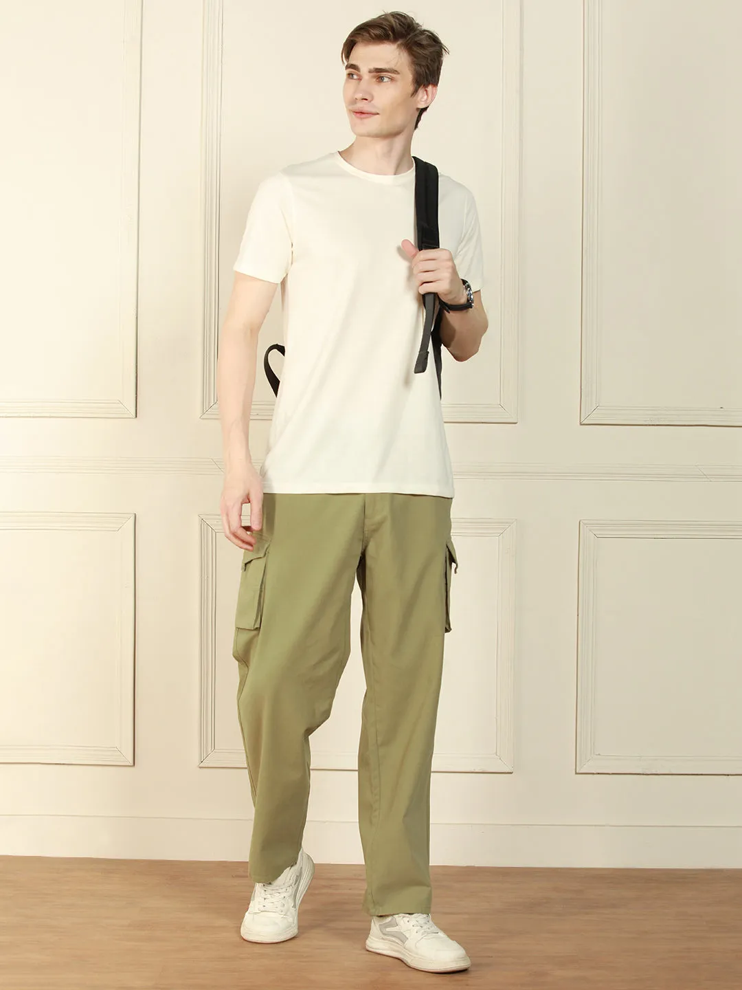 Men's light olive Relaxed Fit Solid Cotton Lycra Stretchable Trousers