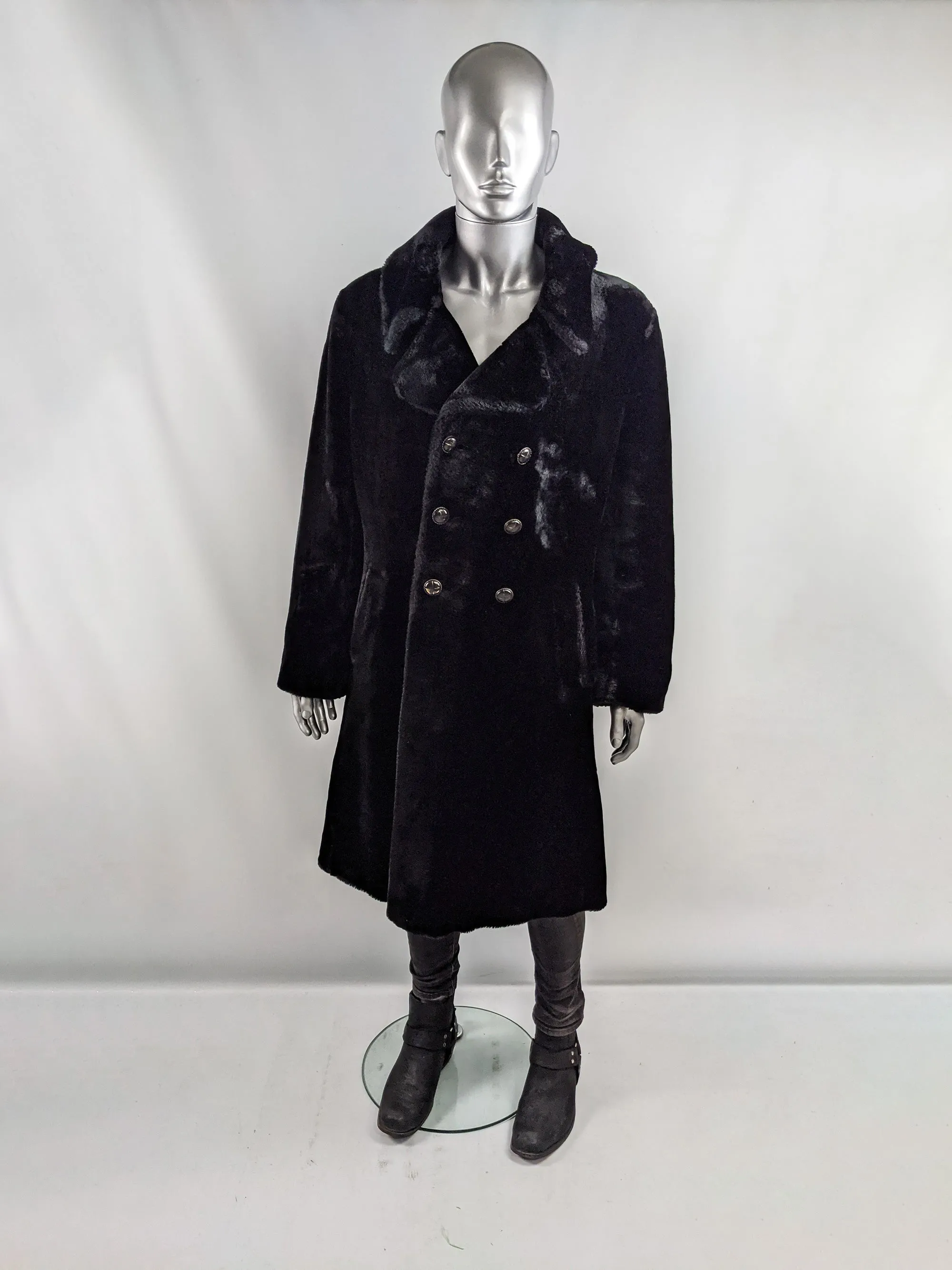 Mens Vintage Long Black Faux Fur Coat, 1970s