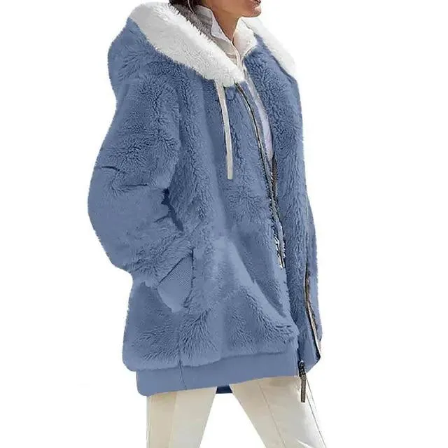 Plush Zipper Coat for Women - Plus Size, Warm and Furry with Long Sleeves