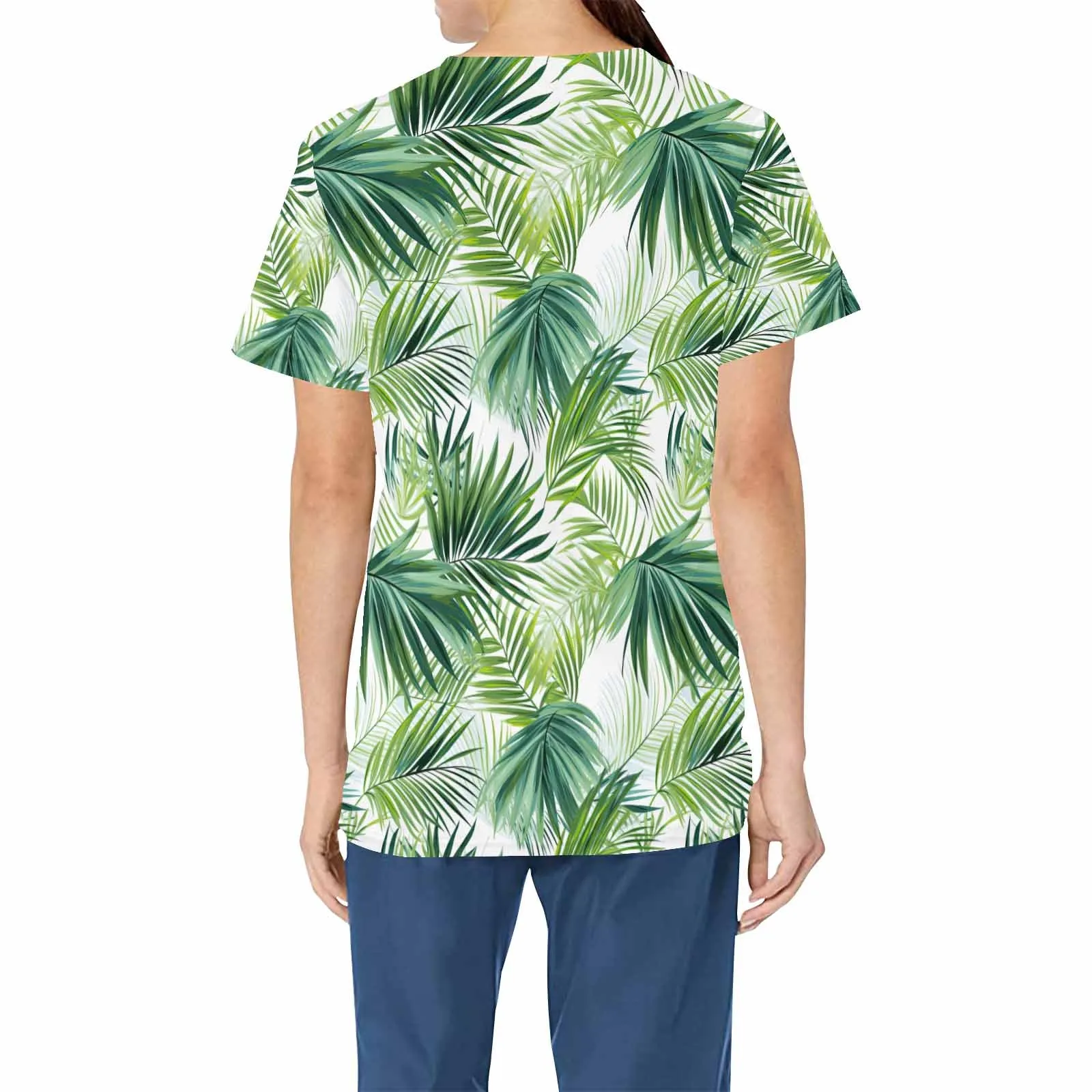 Tropical Green Leaves  Women's V Neck Scrub Top Nurse Uniform with Deep Front Pockets