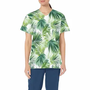 Tropical Green Leaves  Women's V Neck Scrub Top Nurse Uniform with Deep Front Pockets