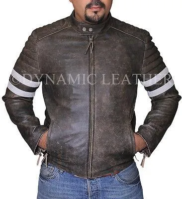 Vintage Fight Club Leather Motorcycle Biker Jackets with white stripes