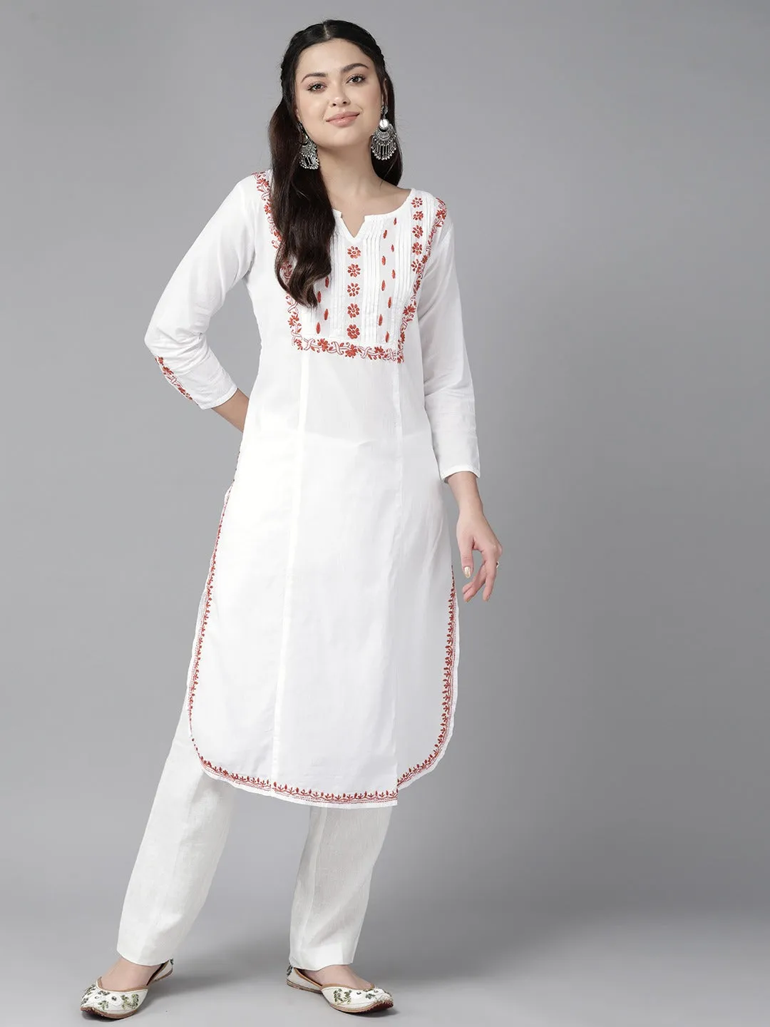 White & Rust Cotton Ghaspatti Chikan Kurta