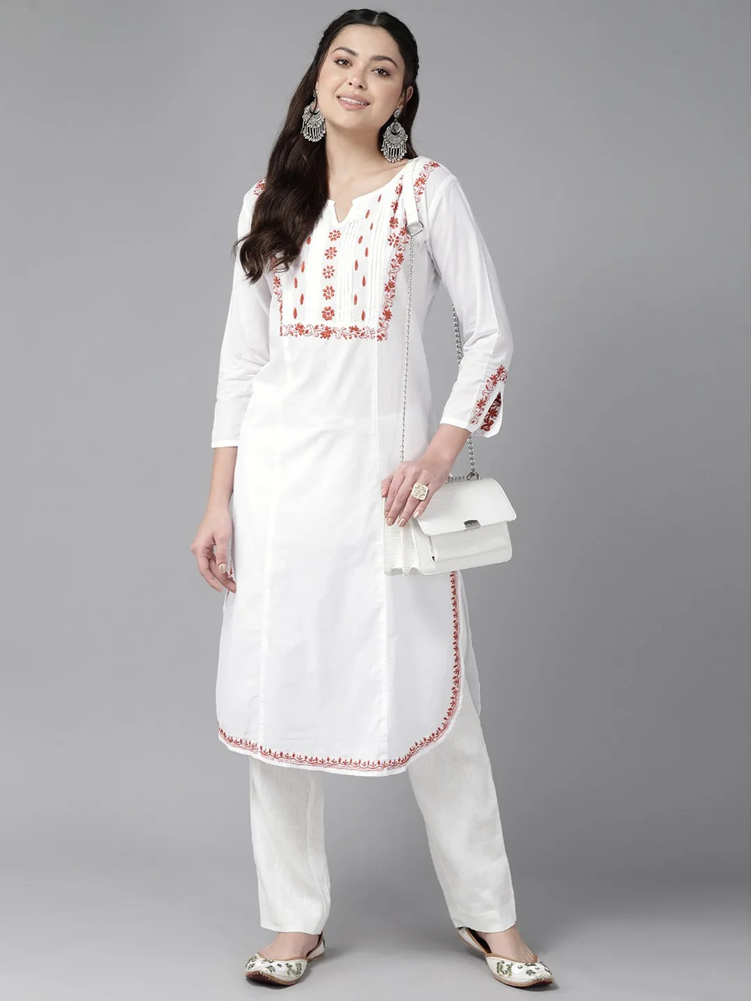 White & Rust Cotton Ghaspatti Chikan Kurta