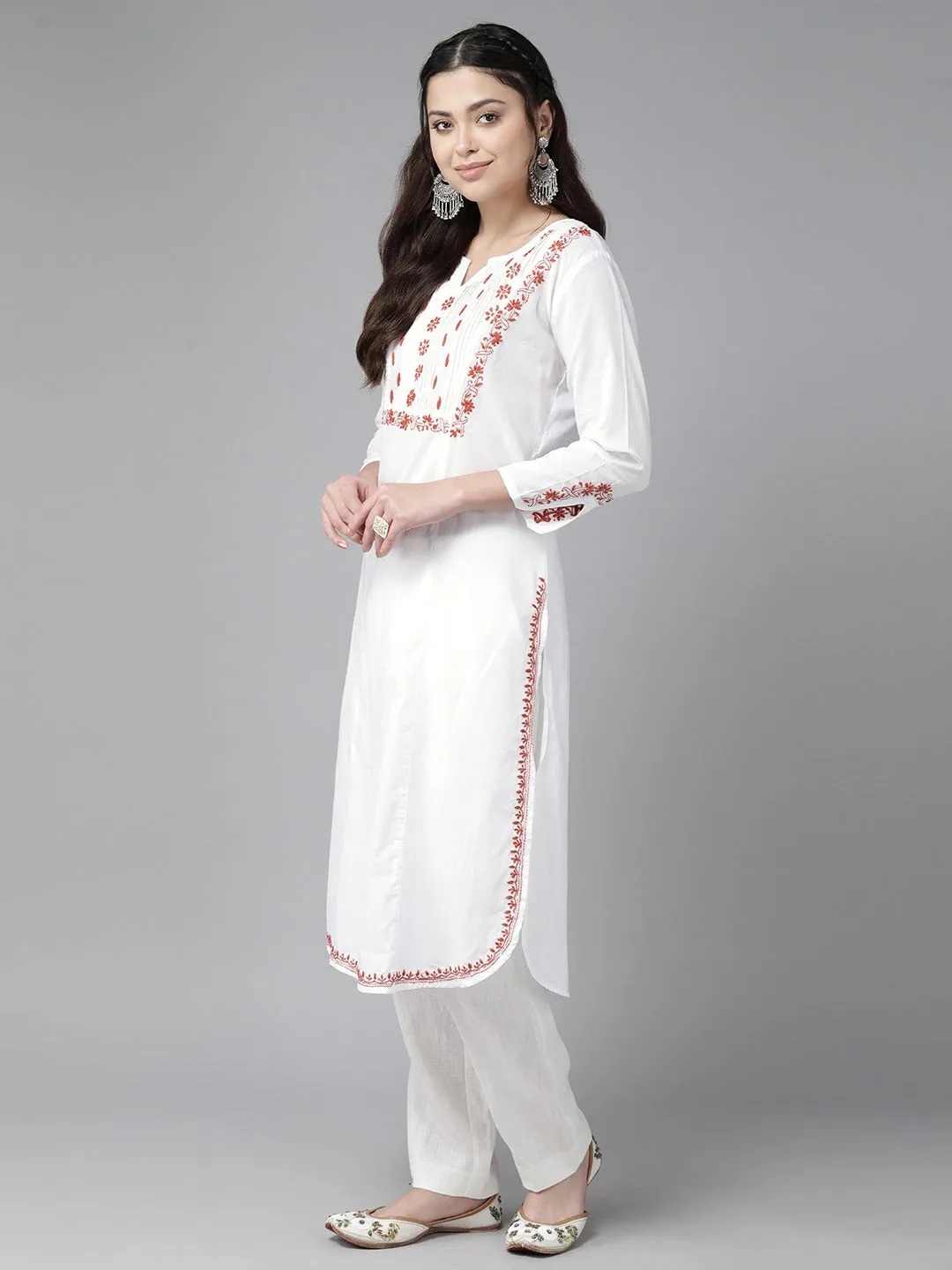 White & Rust Cotton Ghaspatti Chikan Kurta