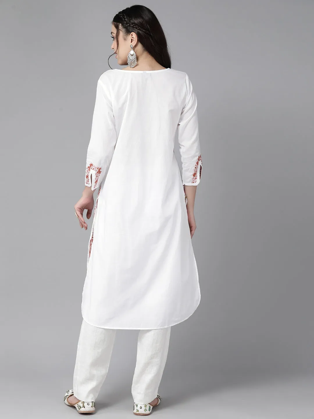 White & Rust Cotton Ghaspatti Chikan Kurta