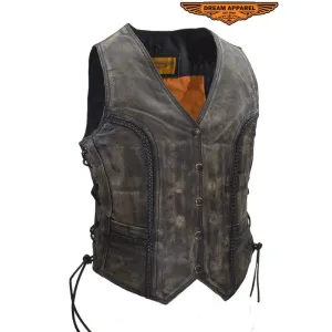 Women's Longer Cut Distressed Brown Cowhide Leather Motorcycle Vest